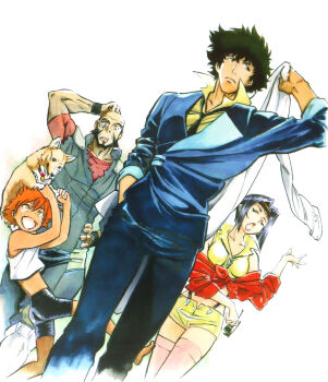 Rule 34 | 2girls, breasts, cowboy bebop, dog, edward wong hau pepelu tivrusky iv, ein (cowboy bebop), faye valentine, highres, jet black, medium breasts, multiple girls, open mouth, simple background, spike spiegel, white background