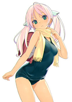 1girl ahoge backpack bag black_one-piece_swimsuit breasts closed_mouth commentary green_eyes koutaro long_hair medium_breasts one-piece_swimsuit original pink_hair randoseru scarf school_swimsuit simple_background solo swimsuit thighs twintails white_background yellow_scarf