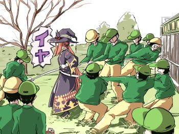 1girl 6+boys animal_ears arima_kinen black_robe braid braided_hair_rings brown_hair commentary from_side green_hat green_jacket hair_rings hat helmet highres horse_ears horse_girl jacket long_hair multiple_boys pakarappakaratt pants photo-referenced robe rope solo_focus starting_gate sweep_tosho_(platanus_witch)_(umamusume) sweep_tosho_(umamusume) umamusume witch_hat yellow_helmet yellow_pants