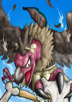 bird bone crying crying_with_eyes_open cubone day feathers gen_1_pokemon gen_5_pokemon highres mandibuzz nintendo open_mouth outdoors pokemon pokemon_(creature) red_eyes talons tears vileworm