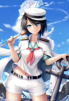 1girl absurdres anchor anchor_symbol aqua_eyes belt black_belt black_hair blue_nails blue_sky cloud coat coat_on_shoulders collared_shirt cowboy_shot hat highres ladle looking_at_viewer midriff_peek murasa_minamitsu navel neckerchief outdoors red_neckerchief sailor_collar seiya_(iiseven) shirt short_hair shorts sky smile solo thighs touhou water white_coat white_hat white_shorts