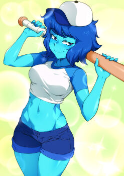 1girl baseball_bat baseball_cap blue_eyes blue_hair blue_skin colored_skin crop_top cropped_legs eyelashes female_focus hat highres jcm2 lapis_lazuli_(steven_universe) looking_at_viewer navel short_hair short_shorts shorts smile solo steven_universe stomach tomboy toned