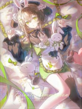 Rule 34 | 1girl, ahoge, animal ears, animal print, apron, asymmetrical legwear, bed sheet, black bow, black bowtie, black thighhighs, bow, bowtie, brown hair, crossed bangs, envelope, fake animal ears, feet out of frame, floppy ears, frilled apron, frilled pillow, frilled sleeves, frills, green bow, green eyes, green skirt, hair between eyes, hair ornament, hairclip, hands up, hat, heart, heart-shaped pillow, highres, jacket, ke song da ren ye, layered sleeves, letter, long sleeves, looking at viewer, love letter, lying, medium hair, miniskirt, on back, on bed, original, parted lips, pillow, pom pom (clothes), puffy sleeves, rabbit, rabbit ears, rabbit print, ribbon, shirt, short hair, sidelocks, single thighhigh, skirt, solo, sparkle, stuffed animal, stuffed rabbit, stuffed toy, thighhighs, waist apron, white apron, x hair ornament