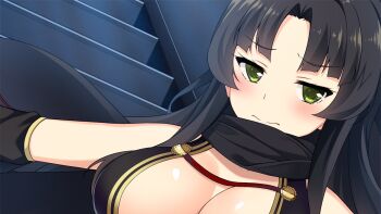 1girl bare_shoulders black_hair blush breasts cleavage closed_mouth commentary darkness detached_sleeves english_commentary green_eyes indoors large_breasts long_hair moe!_ninja_girls ninja official_art parted_bangs saion-ji_enju scarf solo stairs upper_body