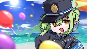 1girl :d absurdres aiguillette armband balloon beach black_hat black_jacket blue_archive blue_armband blue_jacket blue_trim buttons cloud cropped_jacket day dot_nose double-breasted earrings fang floating_hair green_hair green_halo hair_between_eyes halo hand_on_own_hip happy_birthday hat head_tilt highlander_railway_academy_logo highres jacket jewelry long_hair long_sidelocks long_sleeves looking_at_viewer multicolored_jacket nozomi_(blue_archive) ocean open_mouth peaked_cap pointy_ears raw_beef shirt shorts sidelocks skin_fang skirt sky sleeves_past_wrists smile smug solo sparkle standing sun twintails upper_body very_long_hair white_shirt yellow_eyes