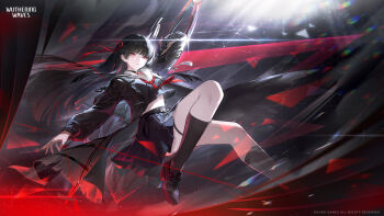 1girl absurdres arm_cutout black_choker black_hair black_jacket black_serafuku black_shirt black_shoes black_skirt breasts character_name chinese_commentary chisa_(wuthering_waves) choker classroom clothing_cutout collarbone commentary_request crop_top fighting hair_ribbon highres jacket logo long_hair medium_breasts neckerchief official_art people red_eyes red_neckerchief red_ribbon ribbon ruins sailor_collar school_uniform serafuku shirt shoes skirt sword tacet_discord_(wuthering_waves) thigh_strap weapon white_sailor_collar wuthering_waves