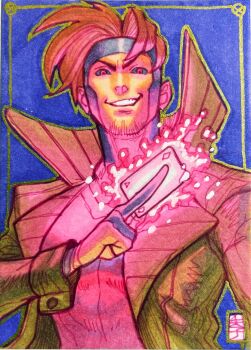 1boy ace_(playing_card) ace_of_diamonds acecore2k armor black_sclera blue_background brown_coat brown_hair card coat colored_sclera commentary diamond_(shape) english_commentary facial_hair gambit gloves glowing glowing_card grin highres holding holding_card looking_at_viewer male_focus marker_(medium) marvel partially_fingerless_gloves pen_(medium) pink_armor playing_card red_eyes short_hair signature smile solo stubble traditional_media trench_coat upper_body x-men