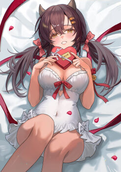 1girl ariko_(aaaaarik) azur_lane bare_shoulders blush bow box breasts brown_hair cleavage clothing_cutout commentary covered_navel demon_girl demon_horns dress english_commentary from_above gift grin hair_between_eyes hair_bow hands_on_own_chest heart-shaped_box heart_cutout highres holding holding_gift horns knees_up long_hair lying medium_breasts microdress nagara_(azur_lane) on_back oni red_bow red_nails skin_tight smile solo spaghetti_strap twintails white_dress yellow_eyes