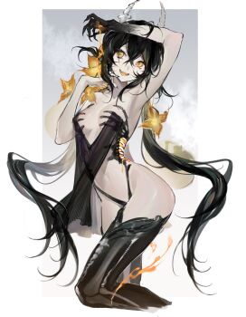 1girl :d absurdres black_hair black_thighhighs bone_horns border breasts cleavage crossed_bangs double-parted_bangs exposed_bone flower gradient_background gradient_skin hair_between_eyes hair_flower hair_ornament handprint head_tilt highres implied_self-harm kneeling long_hair looking_at_viewer open_mouth orange_blood orange_eyes original outside_border playing_with_own_hair revealing_clothes ribs see-through_clothes see-through_shirt shirt simple_background smile solo stomach thighhighs thong twintails twisted_torso very_long_hair white_border yellow_flower yoimon