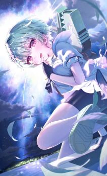 1girl bike_shorts cloud green_hair hashtag-only_commentary leaf looking_at_viewer night nomura_miki pink_eyes ppru scenery school_uniform serafuku shoes short_hair sky smile sneakers solo star_(sky) starry_sky summer_pockets summer_pockets_school_uniform water_gun white_serafuku wind