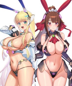 2girls :d amagi_(oreaku) animal_ears bikini black_bikini black_gloves blonde_hair breasts brown_hair christiana_leta_roseblaire cleavage closed_mouth commentary_request crotch_plate fake_animal_ears female_focus gloves gluteal_fold green_eyes highleg highleg_bikini highres large_breasts long_hair looking_at_viewer multi-strapped_bikini_bottom multicolored_hair multiple_girls navel official_art open_mouth ore_wa_seikan_kokka_no_akutoku_ryoushu! rabbit_ears red_eyes simple_background smile stomach swimsuit takamine_nadare two-tone_hair underboob very_long_hair white_background white_bikini white_hair