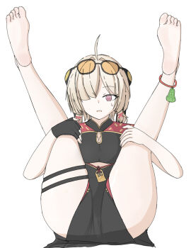 1girl absurdres barefoot blonde_hair bun_cover china_dress chinese_clothes dress feet glasses_on_head hair_over_one_eye highres legs_up long_hair looking_at_viewer parted_lips purple_eyes sixu soles sweety_(zenless_zone_zero) tinted_eyewear toes zenless_zone_zero