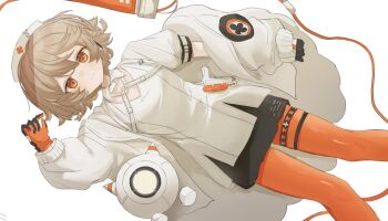 1girl arazan_(ara_arazan24) arm_up black_skirt braid brown_hair cable clothes_pull dutch_angle gloves hashtag-only_commentary hat headset jacket jacket_pull long_sleeves lying nurse_cap nurse_robot_type_t nurse_robot_type_t_(vocaloid6) on_back open_clothes open_jacket orange_eyes orange_leggings puffy_long_sleeves puffy_short_sleeves puffy_sleeves shirt short_hair short_sleeves side_braids simple_background skirt smile solo thigh_strap two-tone_gloves utau vocaloid white_background white_jacket white_shirt