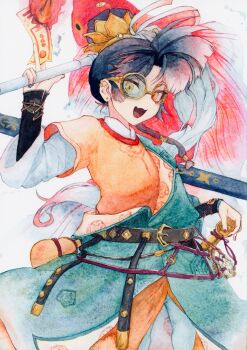 1girl :d an-an_lee belt black_belt black_hair chinese_clothes coat commentary_request fang fuzi glasses gourd green_coat hair_bun hakamori_shishamo hand_up hanfu highres layered_sleeves long_sleeves looking_at_viewer official_alternate_costume open_mouth orange_shirt painting_(medium) reverse:1999 round_eyewear shirt short_over_long_sleeves short_sleeves skin_fang smile solo traditional_media upper_body watercolor_(medium) yellow_eyes