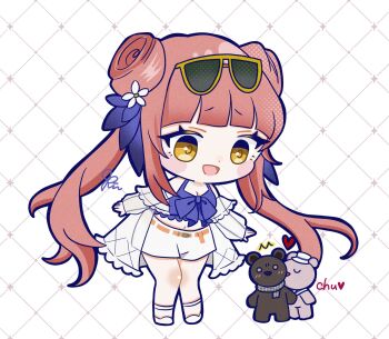 Rule 34 | 1girl, :d, ^^^, arknights, bikini, bikini under clothes, blue bikini, blush stickers, breasts, brown-framed eyewear, brown eyes, brown hair, ceylon (arknights), ceylon (holiday) (arknights), chibi, cleavage, commentary request, double bun, eyewear on head, hair bun, heart, highres, kiss, kissing cheek, long hair, medium breasts, open mouth, riiiin poca, romaji text, sandals, see-through clothes, shorts, signature, smile, solo, standing, stuffed animal, stuffed toy, sunglasses, swimsuit, swimsuit cover-up, teddy bear, twintails, very long hair, white background, white sandals, white shorts