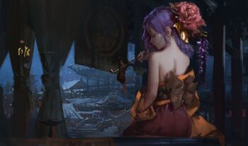 1girl alternate_color alternate_costume alternate_hair_ornament alternate_hairstyle architecture back bare_back bare_shoulders closed_eyes closed_mouth commentary_request crest diao_(nrays) east_asian_architecture facing_to_the_side family_crest hieda_no_akyuu touhou