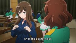 2girls animated anime_screenshot blue_shirt breasts brown_hair button_gap close-up hands_on_own_chest hibike!_euphonium highres kuroe_mayu large_breasts long_hair long_sleeves multiple_girls oumae_kumiko shirt sound subtitled video