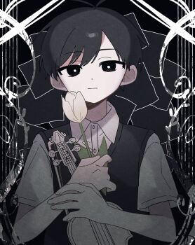 Rule 34 | 1boy, absurdres, antenna hair, black eyes, black hair, black sweater vest, bow (music), bright pupils, closed mouth, collared shirt, expressionless, flower, highres, holding, holding bow (music), holding flower, holding instrument, holding violin, instrument, looking at viewer, mqd0rl, omori, shirt, short hair, short sleeves, solo, sunny (omori), sweater vest, tulip, upper body, violin, white flower, white pupils, white shirt, white tulip