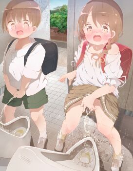 1boy 1girl 22m absurdres backpack bag black_bag braid brown_eyes brown_hair brown_skirt embarrassed flat_chest green_shorts highres loli long_hair miniskirt no_panties open_mouth original pee peeing peeing_self peeing_together penis randoseru shirt short_hair short_shorts shorts shota side_braid single_braid skirt small_penis toilet_use urinal urinal_use white_shirt