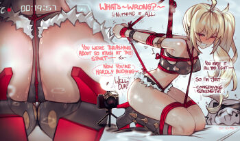 2girls ass bdsm blonde_hair bondage bound breasts burnice_white camera crop_top crotch_rope ehrrr highres long_hair luciana_de_montefio micro_shorts midriff multiple_girls red_eyes red_rope rope shibari shorts side_ponytail tripod zenless_zone_zero