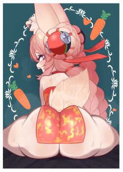 1girl ahoge alternate_costume animal_ear_fluff animal_ears ass bare_shoulders braid braided_twintails bright_pupils carrot china_dress chinese_clothes dress from_behind furry furry_female green_background hair_ornament heart highres kyojiri_loli loli long_hair looking_at_viewer looking_back merge810 open_mouth pink_fur pink_hair rabbit_ears rabbit_girl rabbit_tail red_dress red_eyes screw short_eyebrows shoulder_blades sitting solo sphere_hair_ornament spread_legs steaming_body sweat tail thick_eyebrows white_pupils zenless_zone_zero zhao_(zenless_zone_zero)
