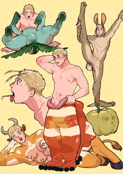 04matsuco 1boy :d animal_costume animal_ears antennae arthropod_boy blonde_hair blood blood_on_clothes blush centaur commentary cosplay cow_boy cow_horns dryad_fruit_(dungeon_meshi) dungeon_meshi face_piercing frog_costume giant_frog_(dungeon_meshi) highres hooves horns kelpie laios_touden leg_up lying male_focus minotaur nose_piercing on_side open_mouth piercing rabbit_costume rabbit_ears rabbit_tail short_hair smile succubus_(dungeon_meshi) sweat tail taur topless_male udder yellow_background yellow_eyes