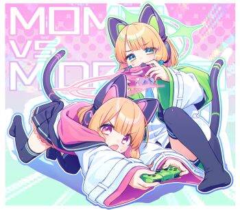 2girls :o akabino animal_ear_headphones animal_ears black_skirt black_thighhighs blonde_hair blue_archive blue_necktie character_name collared_shirt commentary controller fake_animal_ears game_controller green_eyes green_halo halo headphones highres holding holding_controller holding_game_controller jacket midori_(blue_archive) momoi_(blue_archive) multiple_girls necktie open_mouth pink_eyes pink_halo pleated_skirt shirt siblings skirt sweatdrop tail thighhighs twins white_shirt