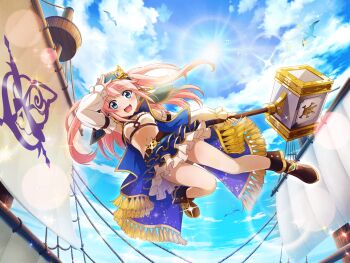 1girl :3 blue_eyes blue_sky boots breasts brown_boots day detached_sleeves game_cg hammer holding holding_hammer long_hair looking_at_viewer midair navel nonomiya_lalafin official_art open_mouth pink_hair pirate pirate_ship shoujo_kageki_revue_starlight shoujo_kageki_revue_starlight_-re_live- sky sledgehammer small_breasts solo stomach two_side_up white_sleeves