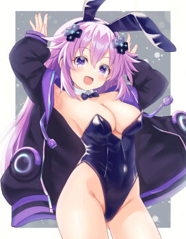 1girl animal_ears bare_shoulders breasts d-pad d-pad_hair_ornament eima eima_mcykt hair_ornament highres hood hooded_track_jacket jacket leotard long_hair looking_at_viewer neptune_(neptunia) neptune_(series) playboy_bunny power_symbol purple_hair purple_heart_(neptunia) rabbit_ears solo strapless strapless_leotard symbol-shaped_pupils thighs track_jacket