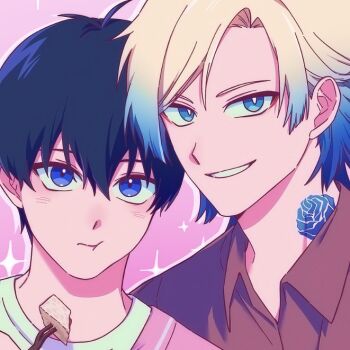 2boys blonde_hair blue_eyes blue_hair blue_lock chewing collared_shirt colored_tips commentary crew_neck dated_commentary dearahyeon flower flower_tattoo food gradient_hair grin hair_behind_ear hair_between_eyes isagi_yoichi looking_at_viewer looking_to_the_side male_focus michael_kaiser multicolored_hair multiple_boys neck_tattoo pink_background red_shirt rose shirt short_hair sideways_glance smile sparkle tattoo teeth utensil wing_collar