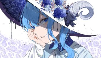 1girl alternate_costume blue_eyes blue_flower blue_hair collared_shirt commentary_request floral_background flower from_side hand_on_own_cheek hand_on_own_face hat hat_flower hololive hoshimachi_suisei long_hair looking_at_viewer looking_to_the_side mom1zi_838 portrait rose shirt sidelocks solo virtual_youtuber white_background white_hat white_shirt witch_hat