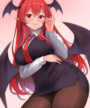 1girl arm_under_breasts black_skirt black_vest black_wings blush breast_rest breasts collared_shirt commentary_request demon_girl demon_wings from_below hair_between_eyes hand_up head_wings highres hip_focus kisaragi_koushi koakuma large_breasts leaning_to_the_side long_hair long_sleeves looking_at_viewer looking_down miniskirt necktie pantyhose red_eyes red_hair red_necktie shirt skirt smile solo standing thighs touhou very_long_hair vest white_shirt wings