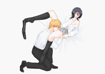 1boy 1girl black_hair black_socks bleach blush highres implied_cunnilingus kuchiki_rukia kurosaki_ichigo orange_hair short_hair skirt socks
