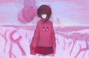 Rule 34 | 1girl, balloon, bare tree, braid, brown hair, closed mouth, cloudssss520, cowboy shot, crescent moon, highres, holding, holding balloon, long sleeves, madotsuki, moon, pale skin, pink eyes, pink shirt, pink sweater, pink theme, red skirt, sand, shirt, skirt, solo, standing, sweater, tree, twin braids, twintails, yume nikki