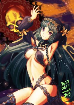 1girl 2022 absurdres arm_behind_back arm_up armpits bare_shoulders black_bra black_collar black_thighhighs blue_hair bra breasts closed_mouth collar cross-laced_bra cross-laced_clothes dated detached_sleeves fate/grand_order fate_(series) flower_ornament highres jewelry long_hair looking_at_viewer navel necklace purple_eyes salome_(fate) salome_(third_ascension)_(fate) skull smile solo stomach thighhighs tsukaasa underwear very_long_hair