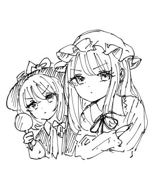 2girls black_capelet black_hat black_ribbon blonde_hair bow brown_hair capelet closed_mouth collar detective dress dress_ribbon hair_between_eyes hair_bow hat hat_bow kashiwada_kiiho long_sleeves magnifying_glass maribel_hearn mob_cap multiple_girls ribbon shirt simple_background sleeve_cuffs thinking touhou usami_renko white_background white_bow white_collar white_hat white_shirt