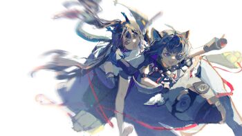 2girls animal_ears arknights arknights:_endfield black_boots black_gloves black_hair blue_eyes blue_jacket boots chen_qianyu_(arknights) chinese_commentary commentary_request dragon_girl dragon_horns dragon_tail eyepatch gloves grey_eyes highres horns hug hug_from_behind jacket long_hair multiple_girls open_mouth partial_commentary qinglan_zilan riding riding_animal skirt tail tangtang_(arknights) thigh_boots tiger_ears tiger_girl twintails very_long_hair water_buffalo white_skirt
