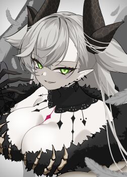 1girl absurdres bone breasts chest_tattoo collarbone demon_horns earrings fate/grand_order fate_(series) feathers green_eyes highres horns jewelry large_breasts lilith_(fate) lilith_(third_ascension)_(fate) okome_(pixiv108949149) parted_lips pointy_ears solo tattoo twintails