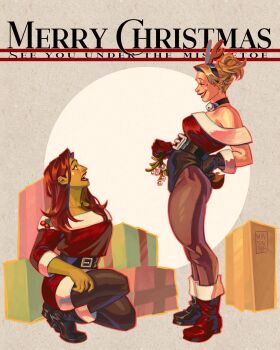 Rule 34 | 2girls, antlers, batman (series), blonde hair, blush, box, capelet, christmas, christmas ornaments, christmas present, dc comics, dress, eye contact, fake antlers, fur-trimmed capelet, fur trim, gift, gift box, gloves, harlequin, harley quinn, highres, horns, long hair, looking at another, mausinner, monster girl, multiple girls, open mouth, plant girl, poison ivy, red capelet, red gloves, red hair, reindeer antlers, sack, santa costume, santa dress, smile, yuri