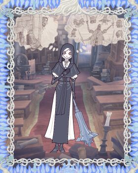 1girl :< absurdres against_wall bibuo bird black_boots black_capelet black_corset black_gloves black_hood book book_stack boots border brick_wall brown_eyes buckle candle capelet carpet chair chibi chibi_inset coif commentary_request corset eagle elbow_gloves elden_ring elden_ring_nightreign executor_(elden_ring) extra_arms full_body gloves guardian_(elden_ring) highres holding holding_mace holding_weapon iron_menial ironeye_(elden_ring) jewelry licking mace necklace nun pew raider_(elden_ring) recluse_(elden_ring) scholar_(elden_ring) solo_focus speech_bubble standing thinking thought_bubble trembling undertaker_(elden_ring) weapon white_coif wylder_(elden_ring)