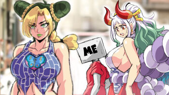 1other 2girls aqua_hair arms_at_sides artist_self-insert bare_arms bare_shoulders blonde_hair blurry blurry_foreground braid breasts brown_eyes closed_mouth commentary cone_hair_bun crossover curled_horns d: day distracted_boyfriend_(meme) double_bun english_commentary eyes_visible_through_hair furrowed_brow green_eyes green_hair green_lips hair_bun hair_ornament hair_stick hakama halterneck height_difference highres horns huge_breasts japanese_clothes jojo_no_kimyou_na_bouken kimono kuujou_jolyne large_breasts lewdamone lips long_hair looking_at_another meme multicolored_hair multicolored_horns multiple_girls one_piece oni open_mouth outdoors ponytail red_horns rope shimenawa shirt short_hair sideboob sleeveless sleeveless_kimono stone_ocean sweat tall_female two-tone_hair upper_body very_long_hair white_hair yamato_(one_piece) yellow_horns