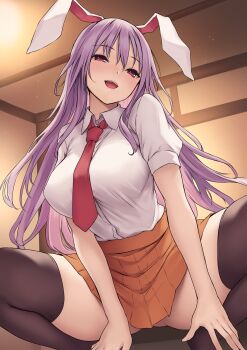 Rule 34 | 1girl, animal ears, black thighhighs, breasts, collared shirt, commentary request, from below, half-closed eyes, highres, indoors, large breasts, long hair, looking at viewer, necktie, open mouth, orange skirt, purple eyes, rabbit ears, red eyes, red necktie, reisen udongein inaba, shirt, shirt tucked in, short sleeves, sitting, skirt, smile, solo, spread legs, thighhighs, touhou, white shirt, wing collar, xialuluo (sharuro)