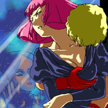 1boy 2girls bindi breasts char_aznable dark_skin grabbing_another's_breast groping gundam haman_karn kiss kissing_neck lalah_sune lowres medium_breasts multiple_girls nanboku oekaki pink_hair quattro_bajeena spoilers when_you_see_it zeta_gundam