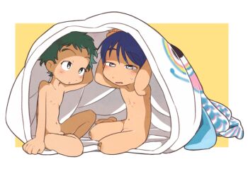 2boys bandaid bandaid_on_knee bandaid_on_leg blue_hair blush border completely_nude full_body green_hair male_focus multiple_boys nipples nude original short_hair shota sitting taremayuzou white_border yellow_background