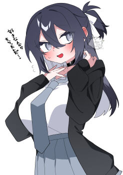 1girl :d absurdres black_choker black_hair black_hoodie blush breasts choker collarbone commentary_request double-parted_bangs dutch_angle flying_sweatdrops grey_eyes grey_necktie grey_skirt hair_between_eyes highres hood hoodie large_breasts long_hair long_sleeves looking_at_viewer looking_to_the_side loosely_tucked_bangs necktie nervous oimotororo1116 open_clothes open_hoodie open_mouth original pleated_skirt ponytail shirt sidelocks signature skirt sleeves_past_wrists smile solo standing sweatdrop translation_request upper_body white_background white_shirt yuuka_(oimotororo1116)