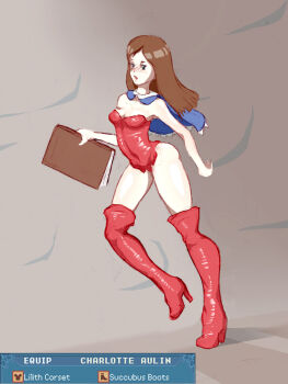Rule 34 | 1girl, ass, bare shoulders, blue cape, blush, boots, breasts, brown hair, cape, castlevania: portrait of ruin, castlevania (series), charlotte aulin, cleavage, covered navel, eyelashes, green eyes, high heels, huge ass, konami, latex, latex boots, latex leotard, latex thighhigh boots, latex thighhighs, legs, leotard, lips, long eyebrows, long eyelashes, long hair, long legs, medium breasts, pink lips, pointsxt, red boots, red leotard, thick eyelashes, thick thighs, thigh boots, thighhighs, thighs, very long hair, white trim