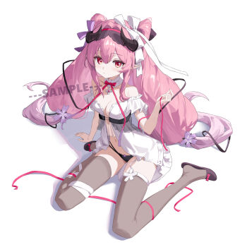 1girl absurdres babydoll bare_shoulders black_panties black_slippers bow breasts brown_thighhighs center_opening choker cleavage frilled_choker frills hair_bow highres horns long_hair looking_at_viewer medium_breasts multi-strapped_panties navel original panties pink_hair pointy_ears red_eyes simple_background sitting slippers solo stomach string_panties thighhighs underwear very_long_hair wariza white_babydoll white_background youtanhuayuan255