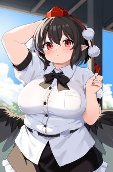 Rule 34 | 1girl, alternate body size, arm up, black hair, blue sky, blurry, blurry background, blush, breasts, buttons, closed mouth, commentary request, cowboy shot, feathered wings, hair between eyes, hat, highres, large breasts, looking at viewer, medium hair, nerizou, plump, pocket, pointy ears, pom pom (clothes), red eyes, red hat, shameimaru aya, short sleeves, sky, solo, thick arms, tokin hat, touhou, wing collar, wings