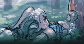 1boy 1girl against_tree bandaged_leg bandaged_neck bandages blue_negligee breasts cursoulla fellatio futa_with_male futanari grass grey_hair highres kaine_(nier) lingerie negligee nier nier_(brother) nier_(brother)_(post_timeskip) nier_(series) oral penis single_thighhigh sketch thighhighs tree underwear