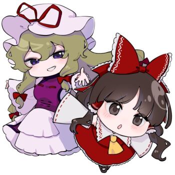 Rule 34 | 2girls, ascot, blonde hair, blush, bow, brown eyes, brown hair, commentary request, deformed, detached sleeves, dress, frilled bow, frilled hair tubes, frills, fujimugi, grin, hair bow, hair tubes, hakurei reimu, hat, hat ribbon, imperishable night, long hair, mob cap, multiple girls, open mouth, pink dress, pink hat, purple tabard, red bow, red skirt, ribbon, ribbon-trimmed sleeves, ribbon trim, simple background, skirt, skirt set, smile, tabard, touhou, very long hair, white background, yakumo yukari, yellow ascot